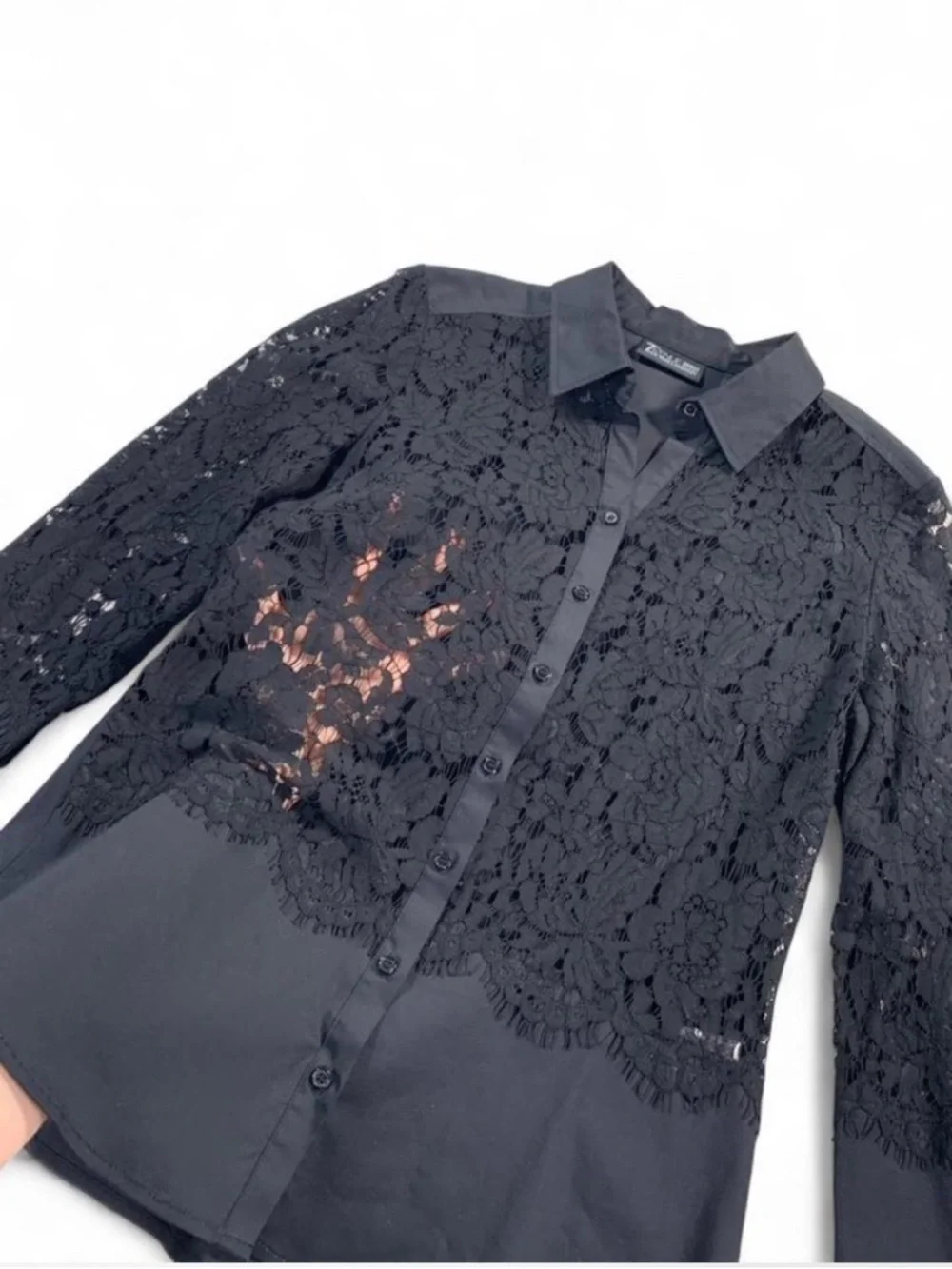 New York & Company Sheer Black Lace Button-Front Collared Shirt Whimsigoth Sz S